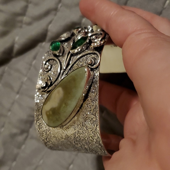 New Unique Jasper and Green Quartz Adjustable Cuff 925 Silver Bracelet. - Picture 4 of 9